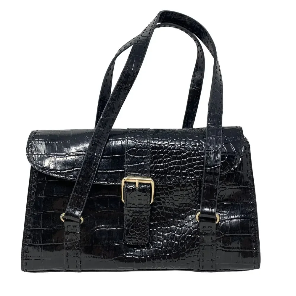 Liz Claiborne Black Faux Croc Embossed Shoulder Bag Buckle Flap Satchel Purse